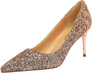 JOEupin Women's Sequin Mid Heel Wedding Pumps Pointed Toe Sparkly Party Wear Glitter Bridal Shoes