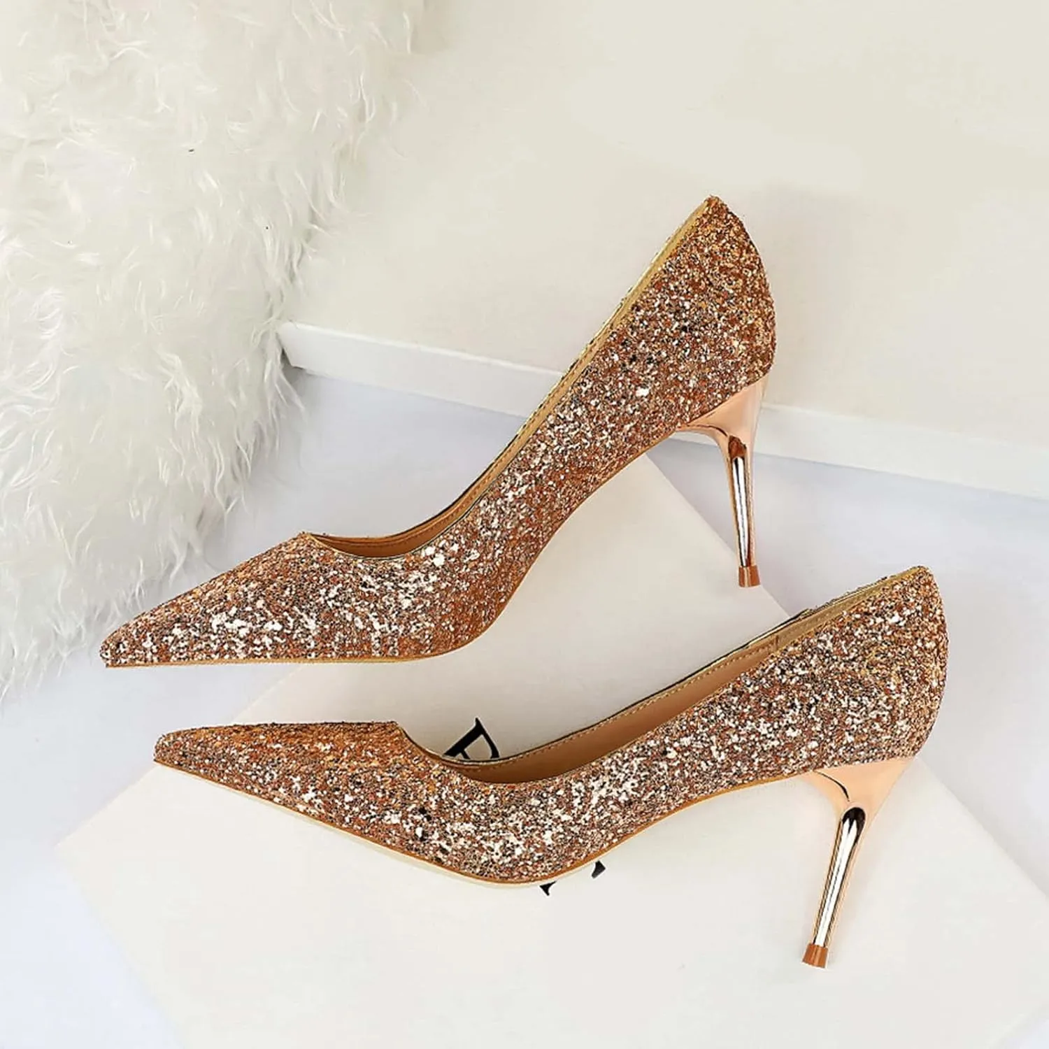 JOEupin Women's Sequin Mid Heel Wedding Pumps Pointed Toe Sparkly Party Wear Glitter Bridal Shoes