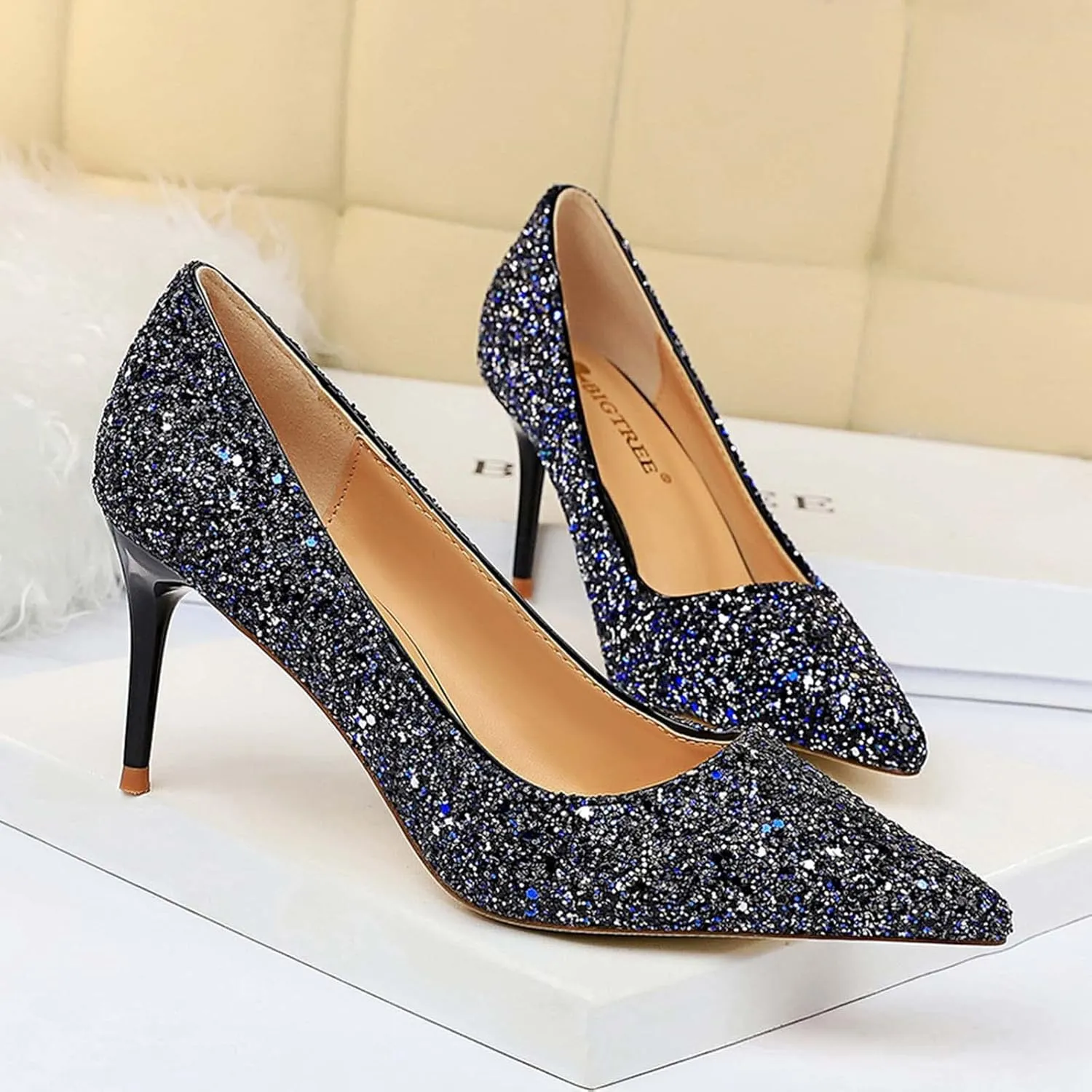 JOEupin Women's Sequin Mid Heel Wedding Pumps Pointed Toe Sparkly Party Wear Glitter Bridal Shoes