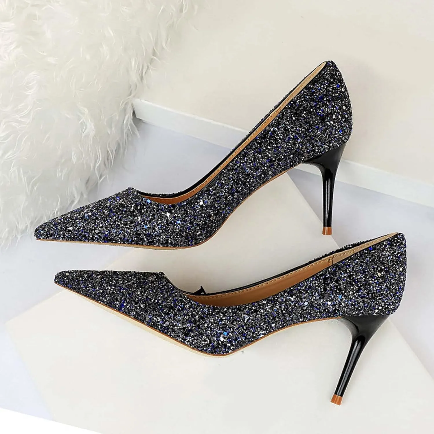 JOEupin Women's Sequin Mid Heel Wedding Pumps Pointed Toe Sparkly Party Wear Glitter Bridal Shoes