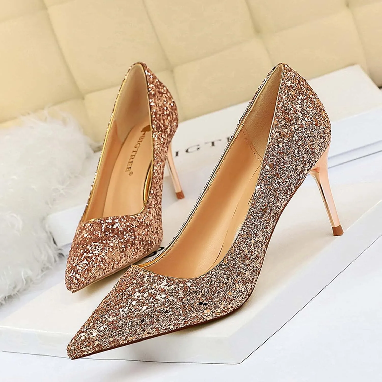 JOEupin Women's Sequin Mid Heel Wedding Pumps Pointed Toe Sparkly Party Wear Glitter Bridal Shoes