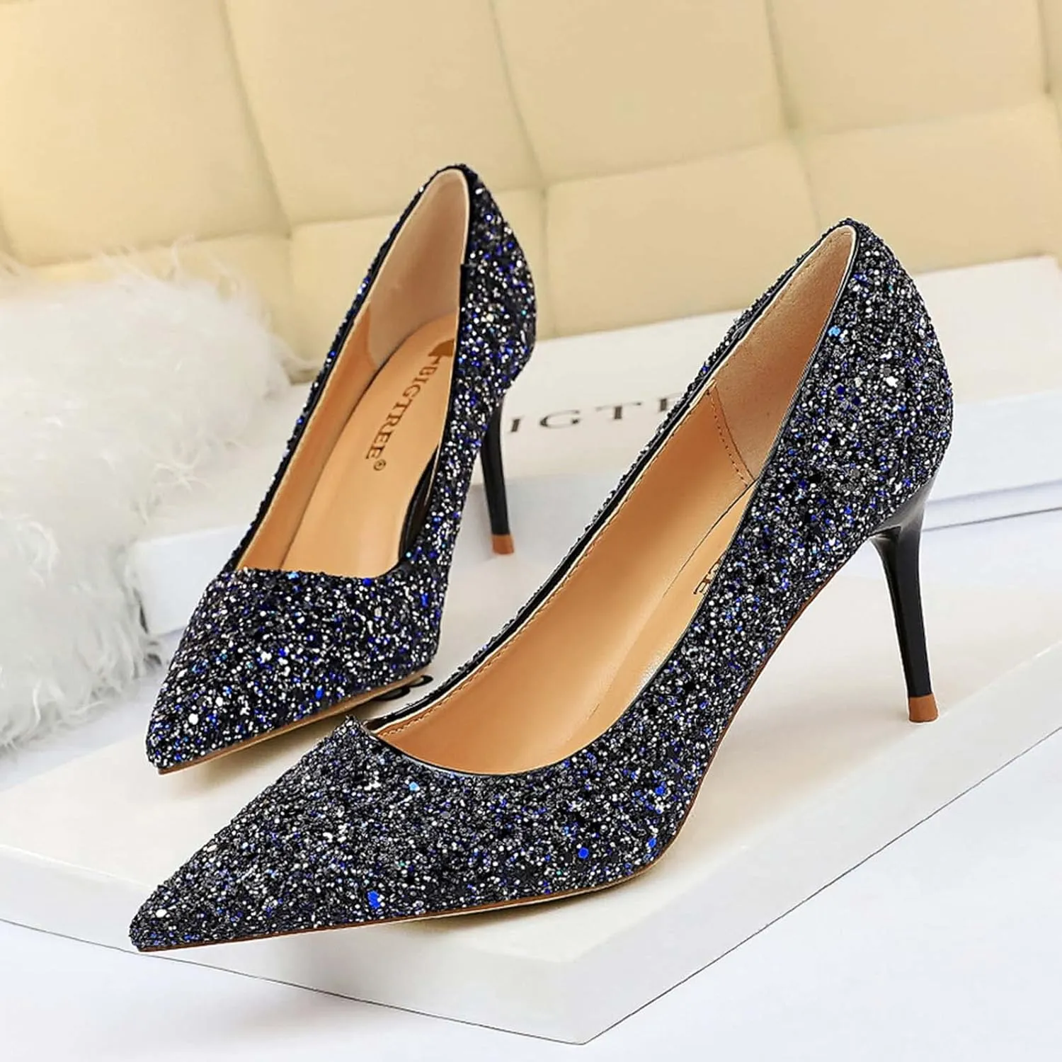 JOEupin Women's Sequin Mid Heel Wedding Pumps Pointed Toe Sparkly Party Wear Glitter Bridal Shoes