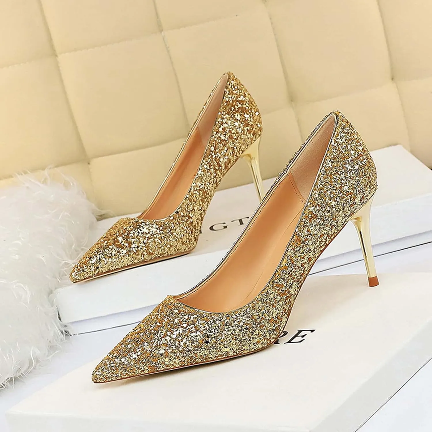 JOEupin Women's Sequin Mid Heel Wedding Pumps Pointed Toe Sparkly Party Wear Glitter Bridal Shoes