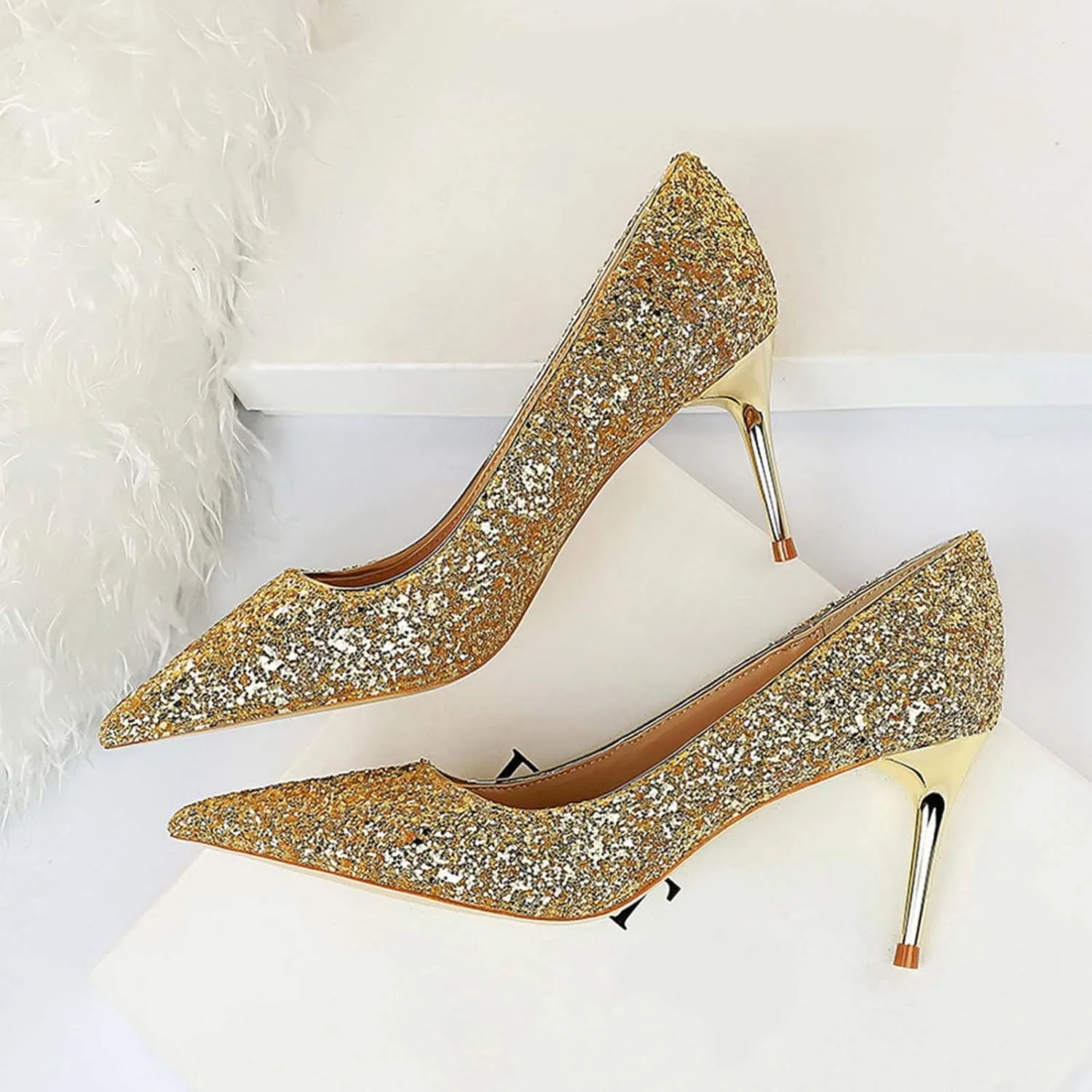 JOEupin Women's Sequin Mid Heel Wedding Pumps Pointed Toe Sparkly Party Wear Glitter Bridal Shoes
