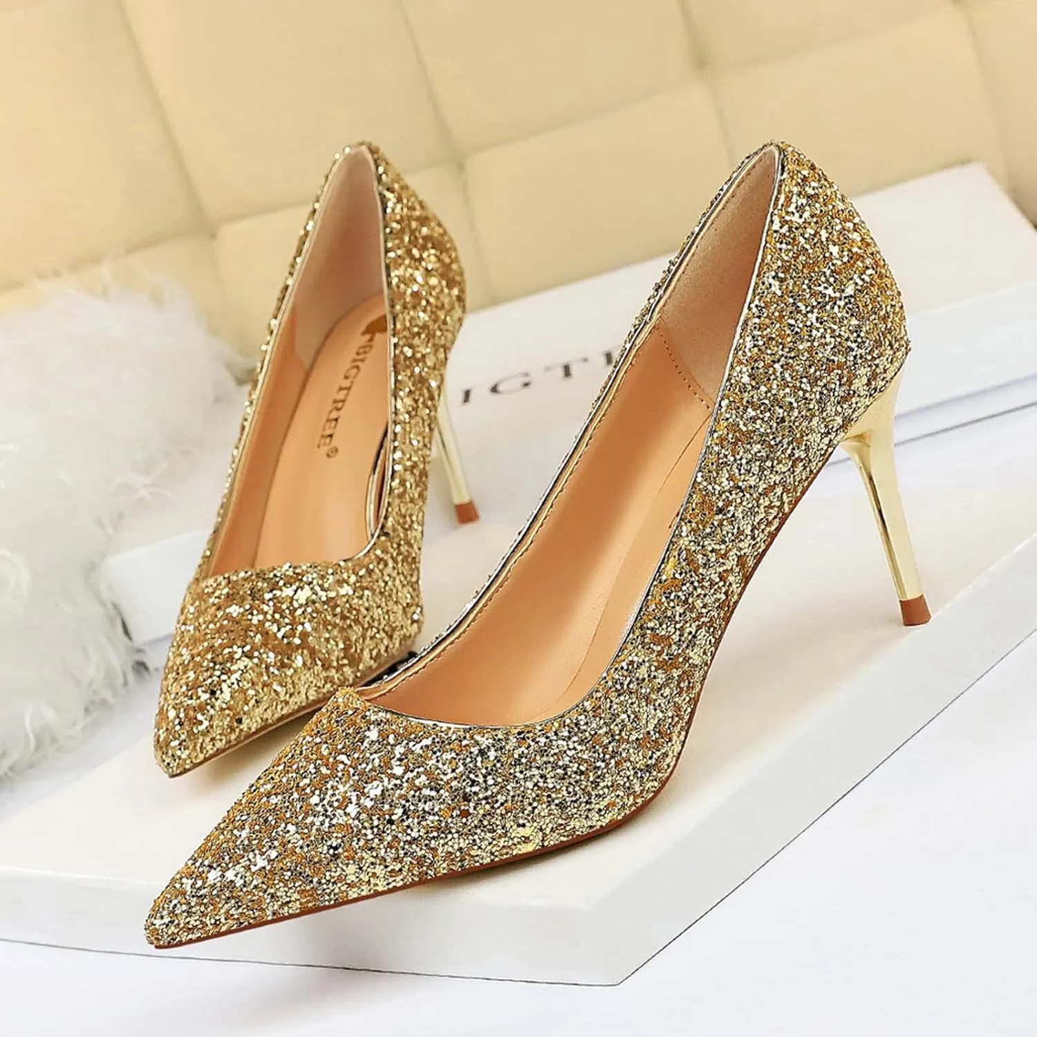 JOEupin Women's Sequin Mid Heel Wedding Pumps Pointed Toe Sparkly Party Wear Glitter Bridal Shoes