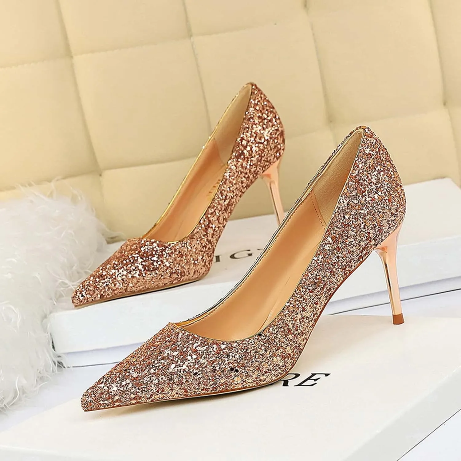 JOEupin Women's Sequin Mid Heel Wedding Pumps Pointed Toe Sparkly Party Wear Glitter Bridal Shoes