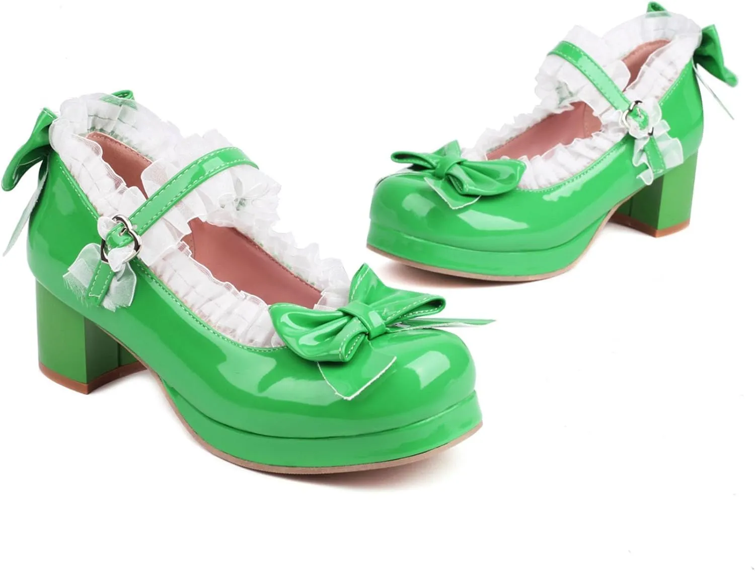 Kawaii Mid Block Heel Mary Janes Platform Rockabilly Shoes Patent Chunky Heels Pumps Sweet Cute with Bow