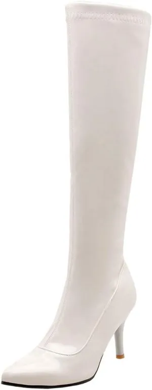 KOKOMOMO Womens Zip Knee High Heel Patent Leather Pointed Toe Stiletto Boots