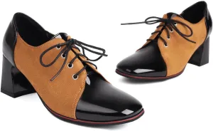 LEHOOR Women Chunky High Heel Oxford Pumps Square Toe Lace Up Loafer Heels Two Tone 3 inch Block Heel Oxford Shoes Patchwork Suede Patent Fashion Casual Walking Party 5-10 M US