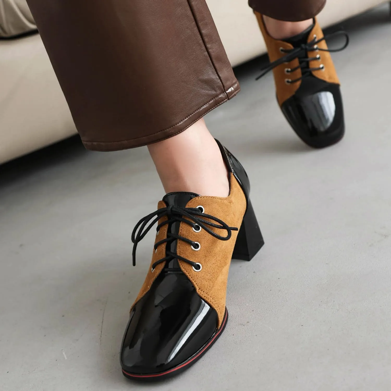 LEHOOR Women Chunky High Heel Oxford Pumps Square Toe Lace Up Loafer Heels Two Tone 3 inch Block Heel Oxford Shoes Patchwork Suede Patent Fashion Casual Walking Party 5-10 M US
