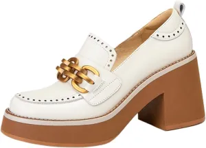 Loafers for Women Women’s Autumn Chunky High Heel Loafers in Calf Leather Beige Square Toe Shoes with Metal Chain British Style