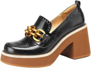 Loafers for Women Women’s Autumn Chunky High Heel Loafers in Calf Leather Beige Square Toe Shoes with Metal Chain British Style