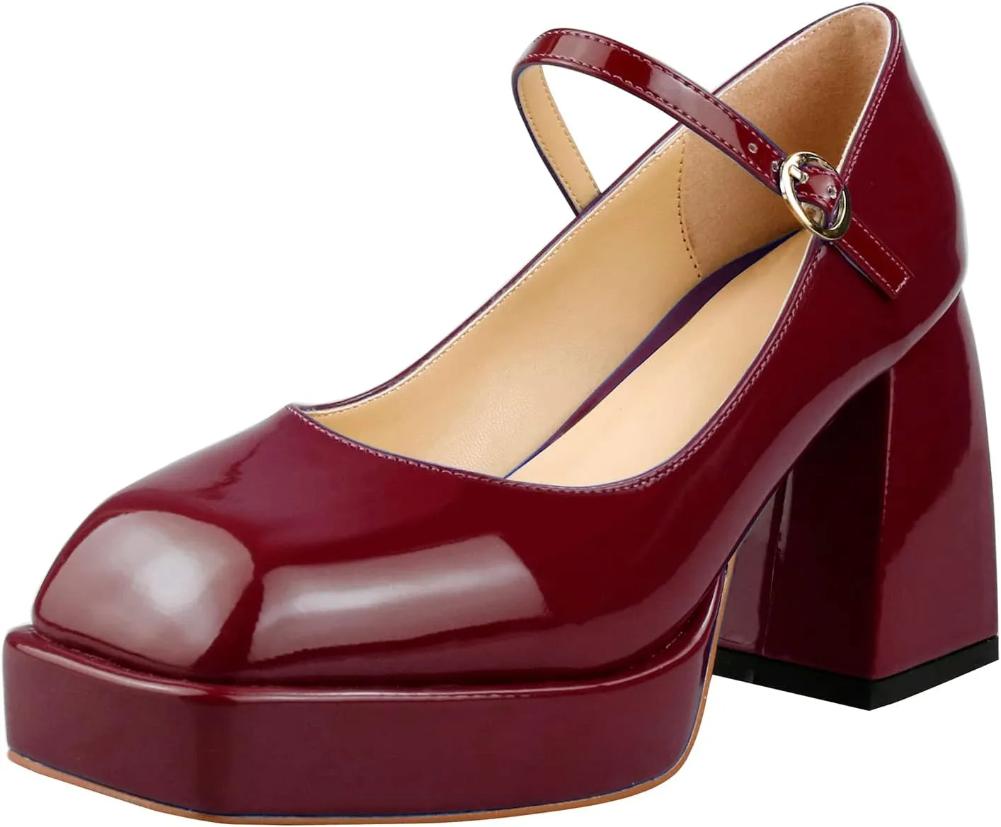 Lutalica W Women's Closed Square Toe Patent Leather 3.7IN Mid Block Heel Platform Ankle Strap Mary Jane Pumps Shoes