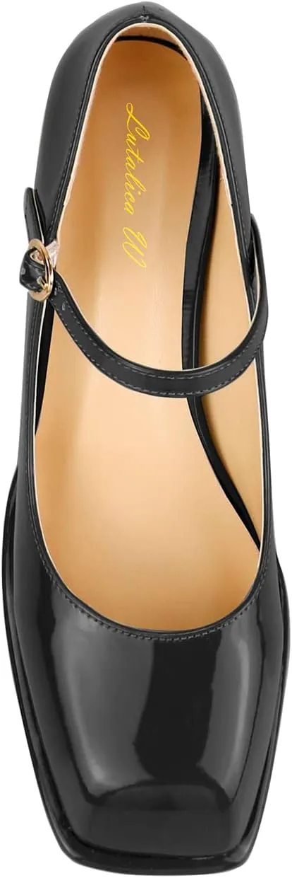 Lutalica W Women's Closed Square Toe Patent Leather 3.7IN Mid Block Heel Platform Ankle Strap Mary Jane Pumps Shoes