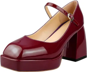 Lutalica W Women's Closed Square Toe Patent Leather 3.7IN Mid Block Heel Platform Ankle Strap Mary Jane Pumps Shoes