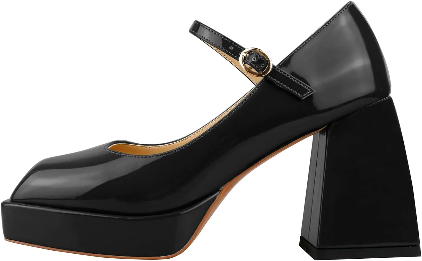Lutalica W Women's Closed Square Toe Patent Leather 3.7IN Mid Block Heel Platform Ankle Strap Mary Jane Pumps Shoes