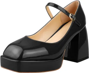 Lutalica W Women's Closed Square Toe Patent Leather 3.7IN Mid Block Heel Platform Ankle Strap Mary Jane Pumps Shoes