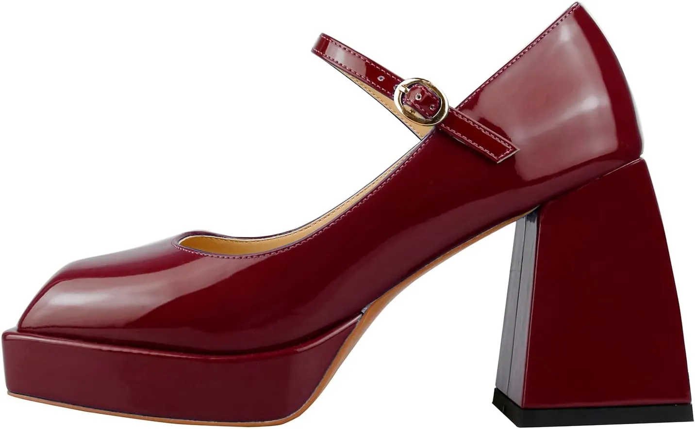 Lutalica W Women's Closed Square Toe Patent Leather 3.7IN Mid Block Heel Platform Ankle Strap Mary Jane Pumps Shoes