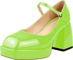 Lutalica W Women's Closed Square Toe Patent Leather 3.7IN Mid Block Heel Platform Ankle Strap Mary Jane Pumps Shoes