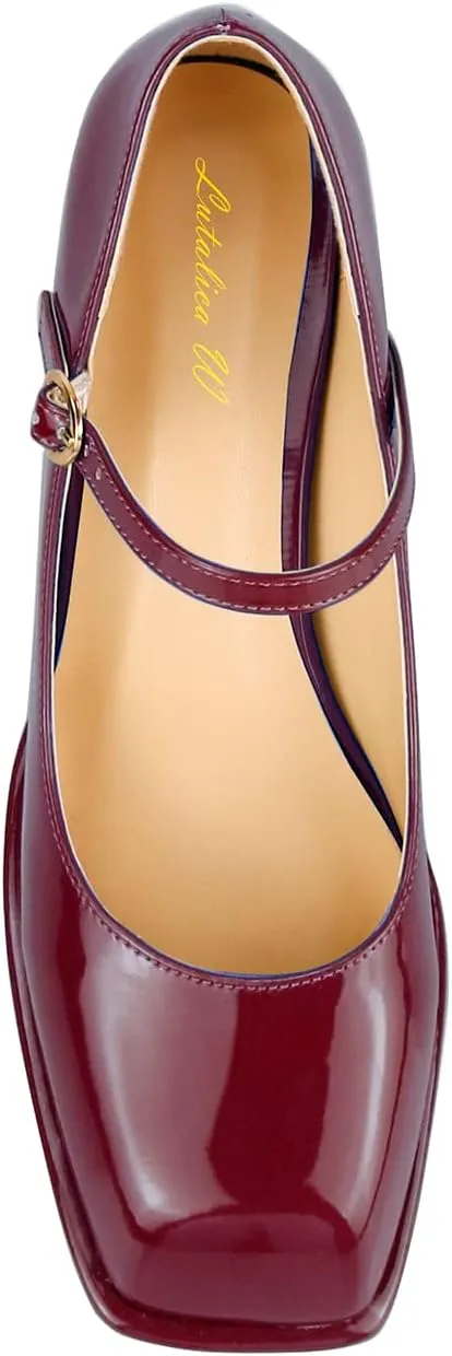 Lutalica W Women's Closed Square Toe Patent Leather 3.7IN Mid Block Heel Platform Ankle Strap Mary Jane Pumps Shoes
