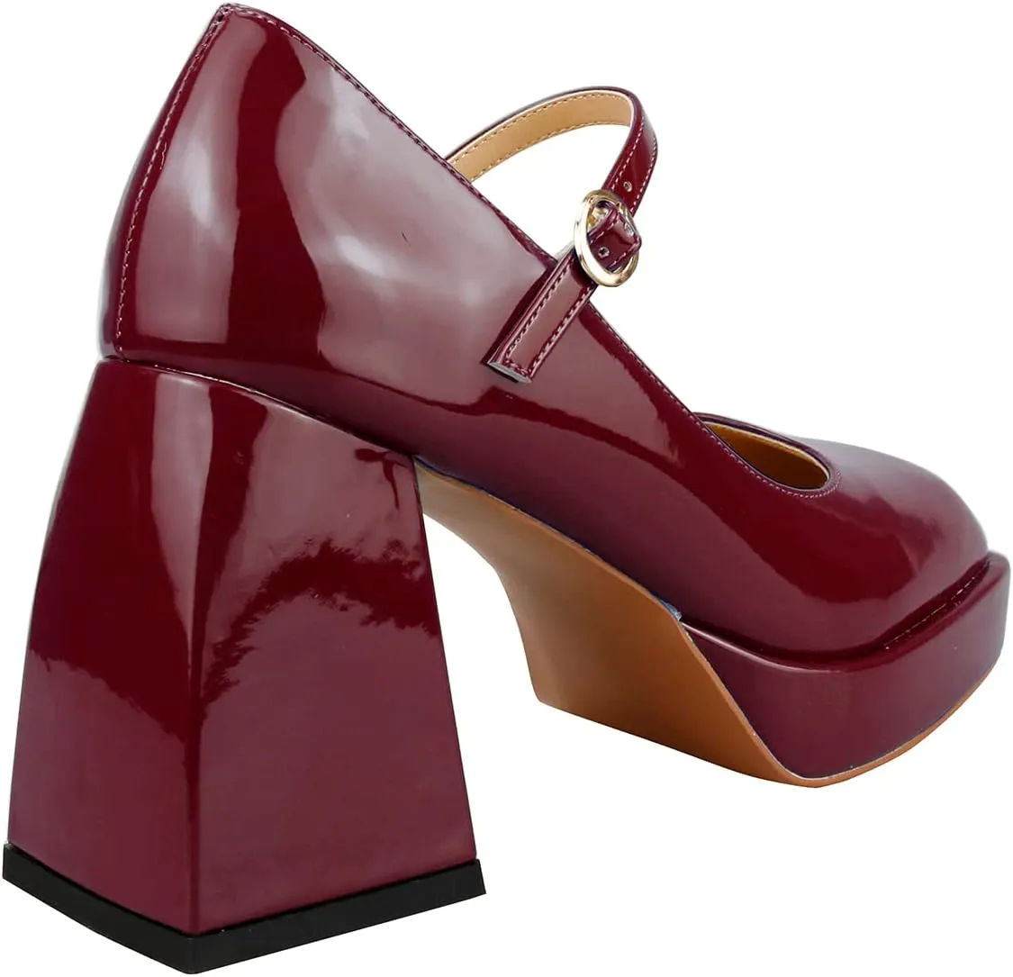 Lutalica W Women's Closed Square Toe Patent Leather 3.7IN Mid Block Heel Platform Ankle Strap Mary Jane Pumps Shoes