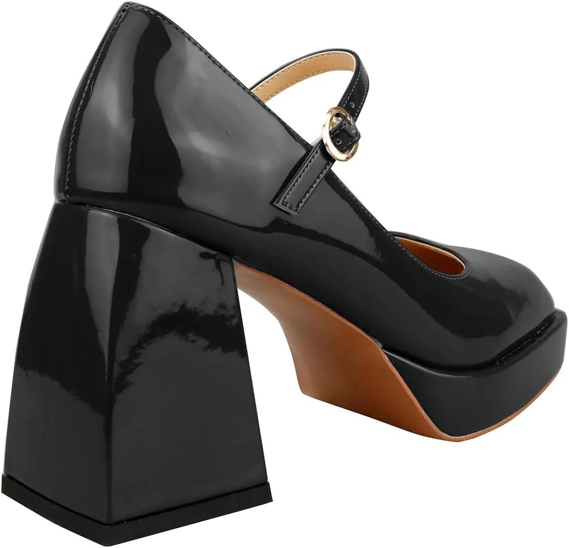 Lutalica W Women's Closed Square Toe Patent Leather 3.7IN Mid Block Heel Platform Ankle Strap Mary Jane Pumps Shoes