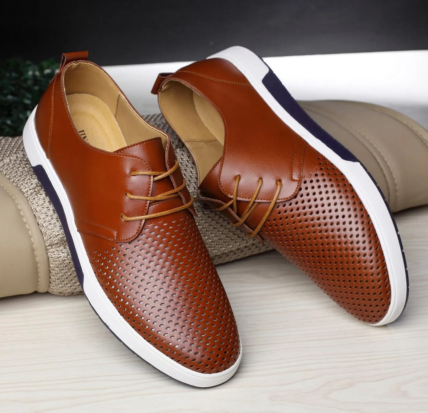 Men's Breathable Summer Lace Up Perforated Oxford Sneakers Casual Walking Driving Flats Shoes