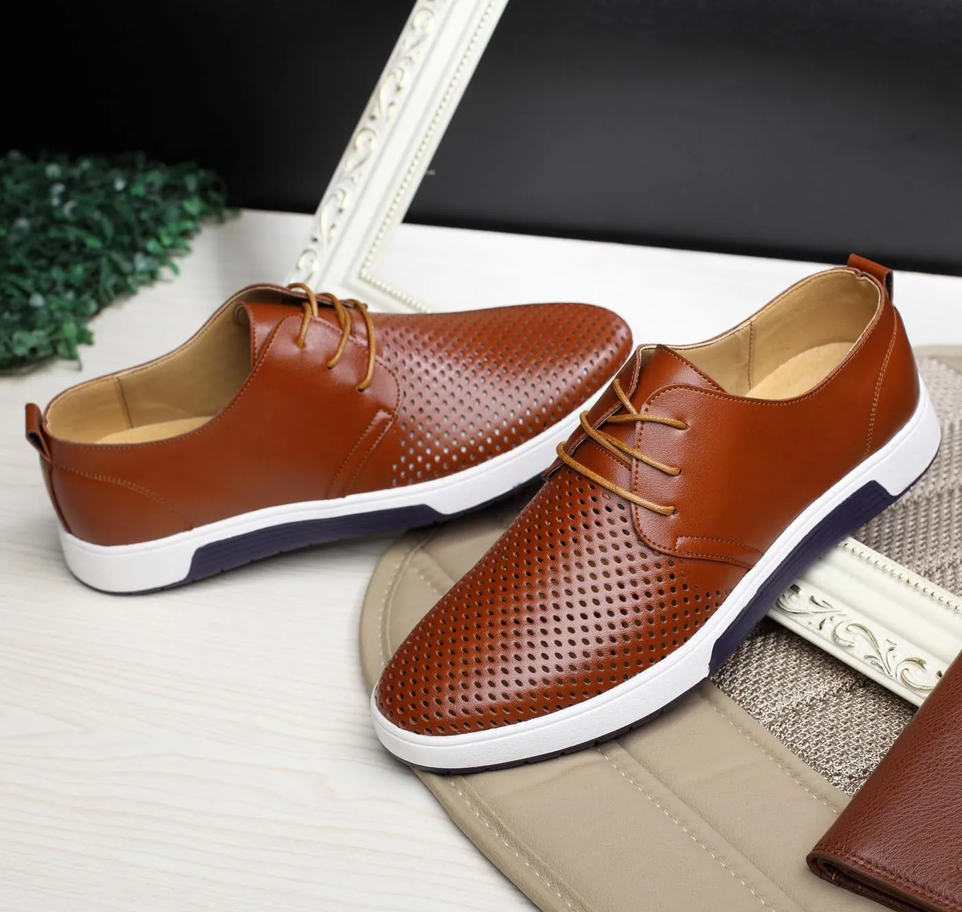 Men's Breathable Summer Lace Up Perforated Oxford Sneakers Casual Walking Driving Flats Shoes