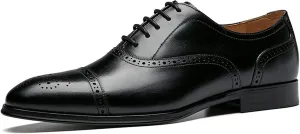 Men's Classic Brogue Derby Oxford Burnished Vintage Genuine Leather Lace Up Dress Shoes Block Heel Solid Color Retro Oxfords Formal Men