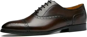 Men's Classic Brogue Derby Oxford Burnished Vintage Genuine Leather Lace Up Dress Shoes Block Heel Solid Color Retro Oxfords Formal Men