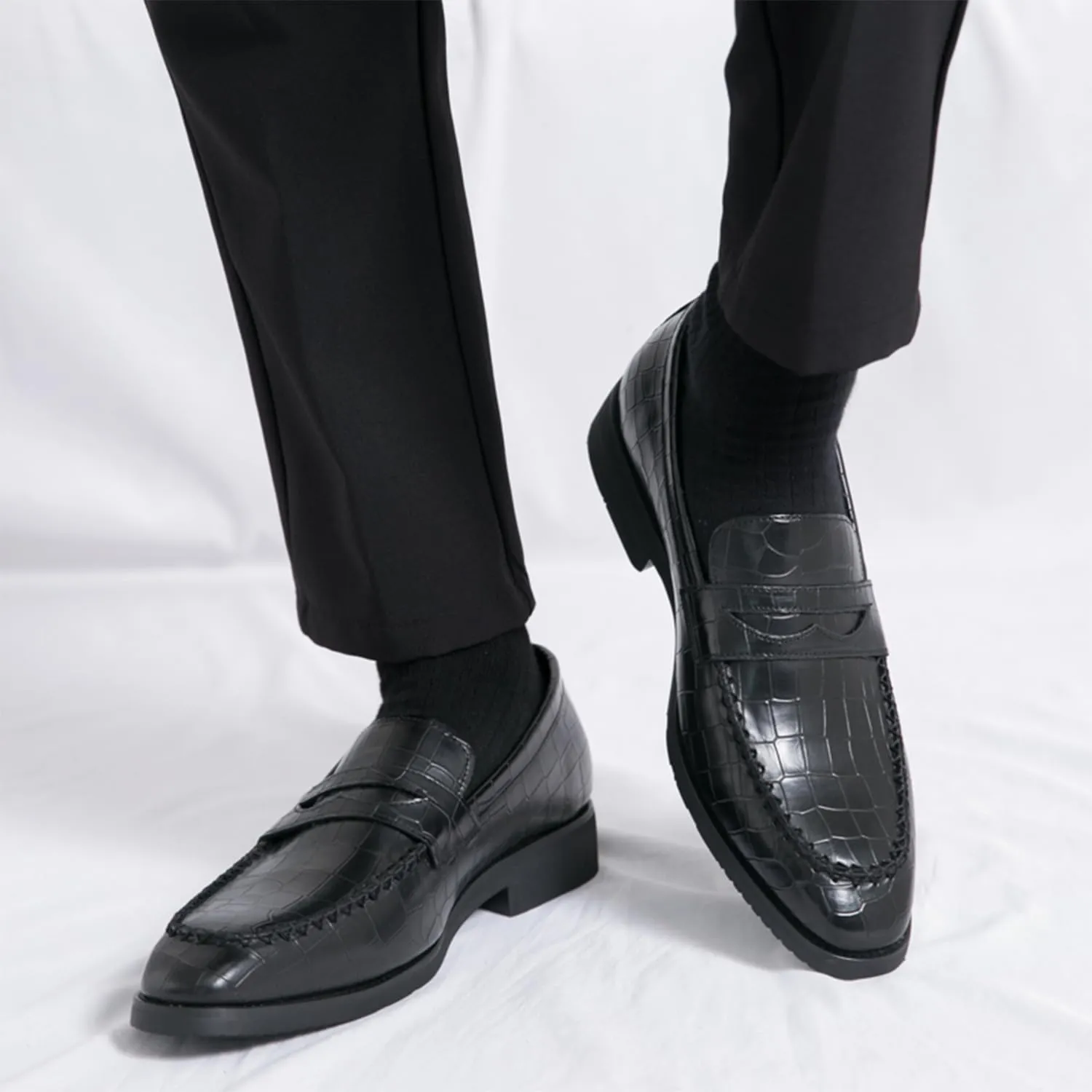 Men's Classic Penny Loafers Leather Slip-On Dress Shoes Crocodile Pattern Fashion Casual Party Formal Shoes