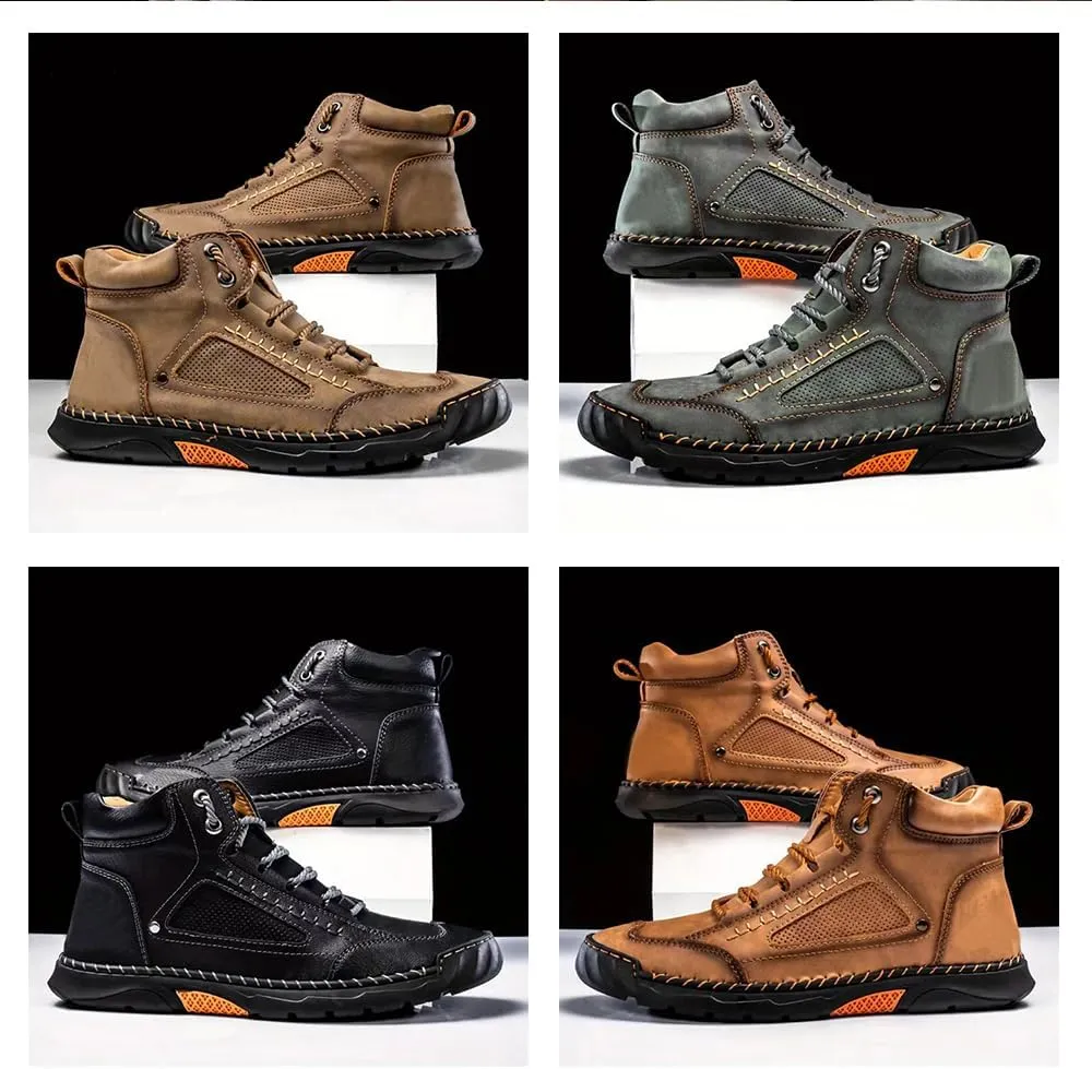 Men's Comfortable Handmade Leather Boots,Comfortable Mid-Cut Lace-Up Casual Shoes – Non-Slip Arch Support Outdoor Workwear Ankle Boots