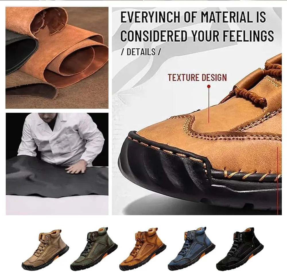 Men's Comfortable Handmade Leather Boots,Comfortable Mid-Cut Lace-Up Casual Shoes – Non-Slip Arch Support Outdoor Workwear Ankle Boots