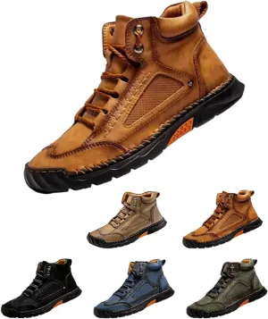 Men's Comfortable Handmade Leather Boots,Comfortable Mid-Cut Lace-Up Casual Shoes – Non-Slip Arch Support Outdoor Workwear Ankle Boots