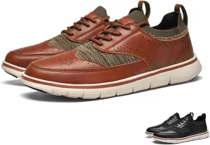 Men's Genuine Leather Knit Oxfords Sneakers Fashion Carving Round-Toe Lace Up Low Top Brogue Dress Shoes Lightweight Comfortable Casual Business Formal Shoes