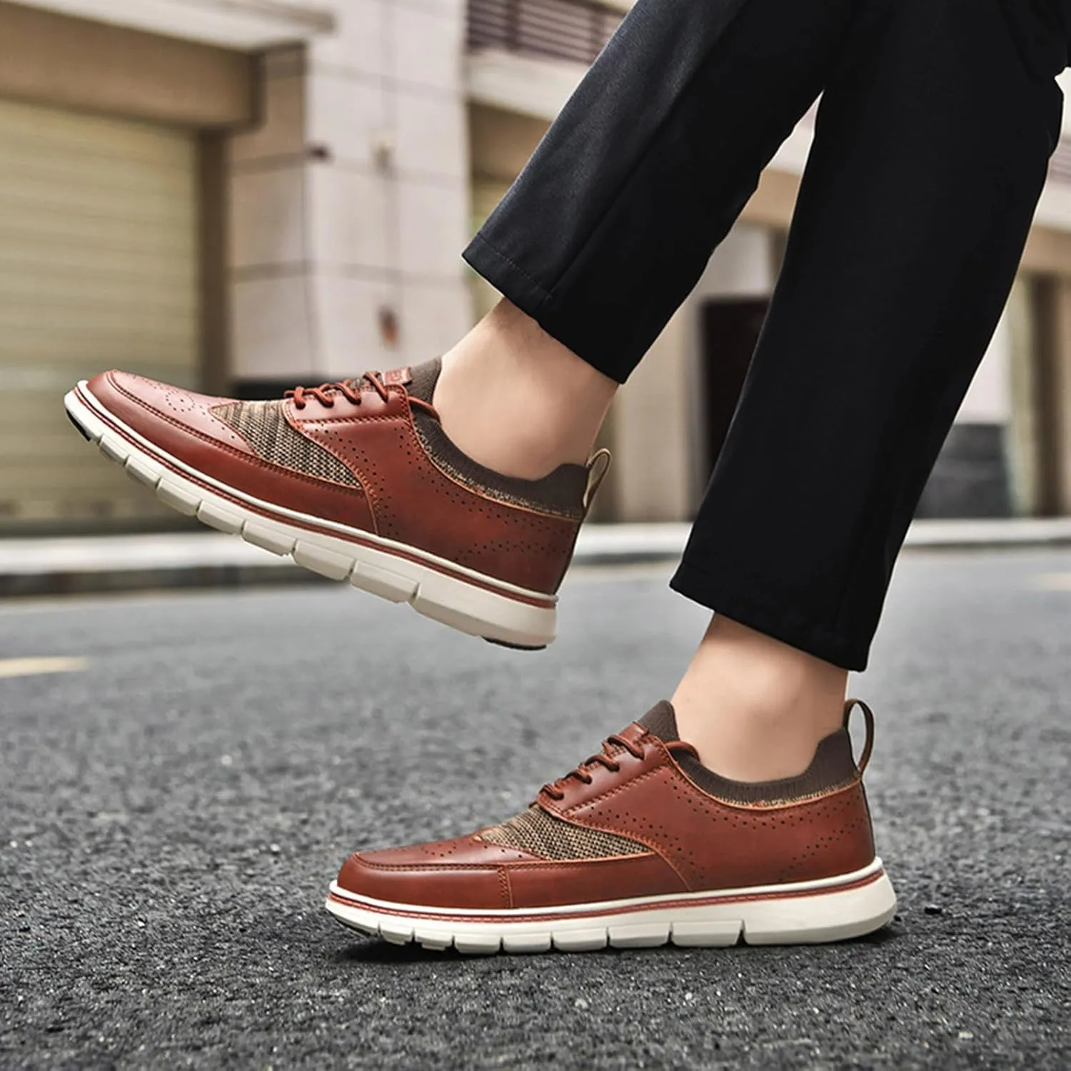 Men's Genuine Leather Knit Oxfords Sneakers Fashion Carving Round-Toe Lace Up Low Top Brogue Dress Shoes Lightweight Comfortable Casual Business Formal Shoes