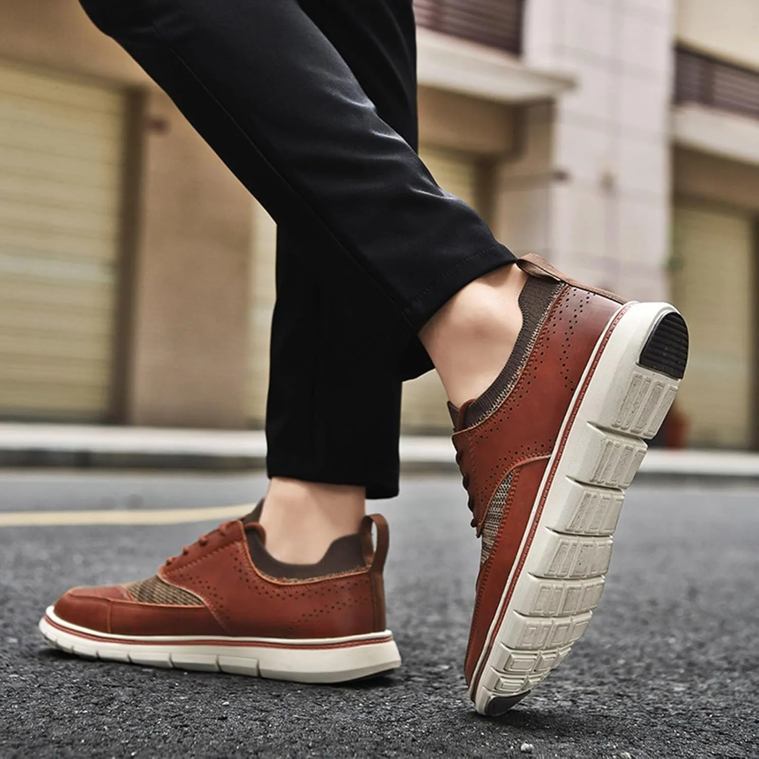 Men's Genuine Leather Knit Oxfords Sneakers Fashion Carving Round-Toe Lace Up Low Top Brogue Dress Shoes Lightweight Comfortable Casual Business Formal Shoes