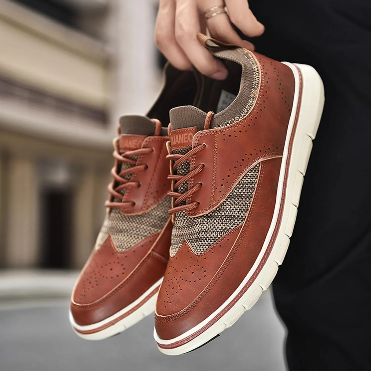 Men's Genuine Leather Knit Oxfords Sneakers Fashion Carving Round-Toe Lace Up Low Top Brogue Dress Shoes Lightweight Comfortable Casual Business Formal Shoes
