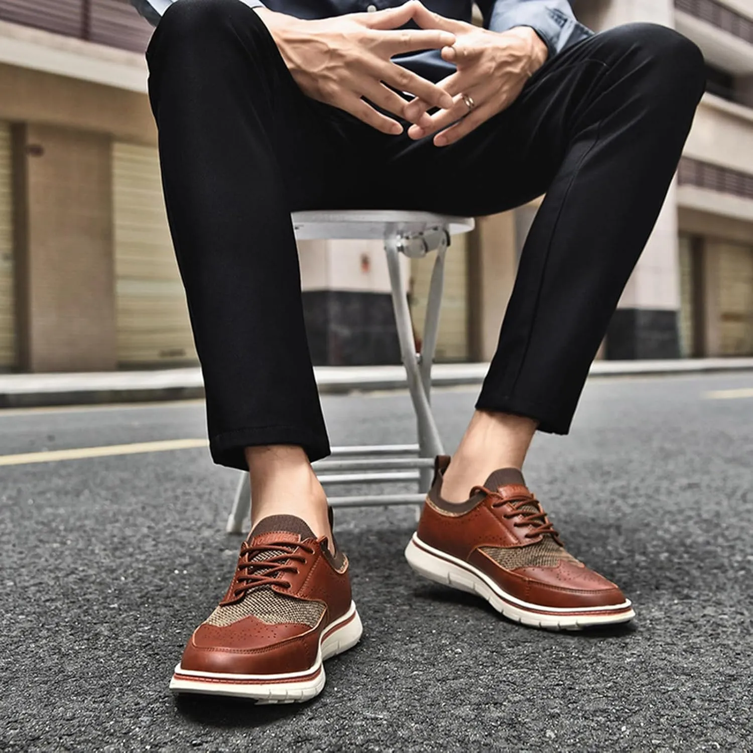 Men's Genuine Leather Knit Oxfords Sneakers Fashion Carving Round-Toe Lace Up Low Top Brogue Dress Shoes Lightweight Comfortable Casual Business Formal Shoes