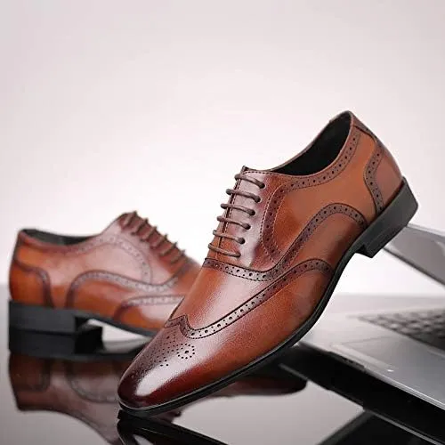 Men's Lace-up Wingtip Brogue Shoes Fashionable Lightweight Oxford Shoes Classic Wear-Resistant Leather Shoes