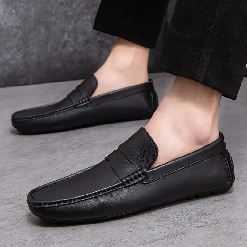 Mens Loafers Shoe Square Toe Genuine Leather Penny Driving Loafers Comfortable Anti-Slip Flexible Party Walking Slip-on