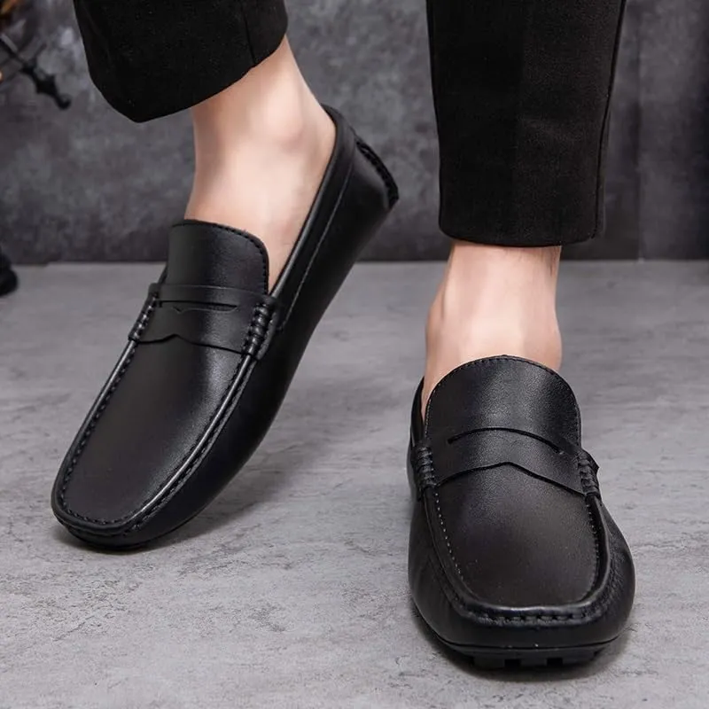 Mens Loafers Shoe Square Toe Genuine Leather Penny Driving Loafers Comfortable Anti-Slip Flexible Party Walking Slip-on