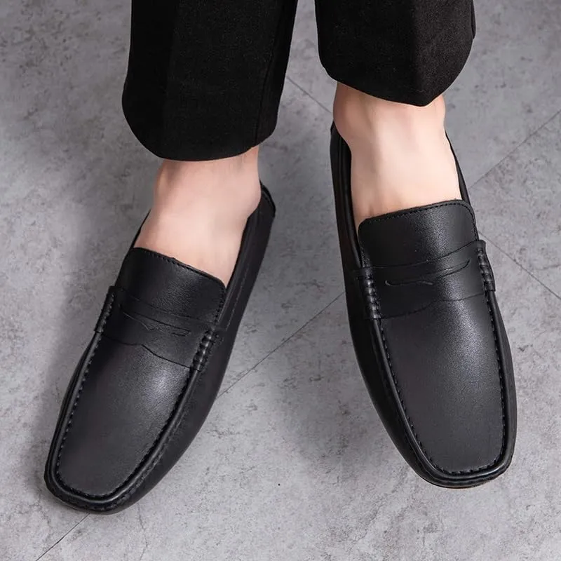 Mens Loafers Shoe Square Toe Genuine Leather Penny Driving Loafers Comfortable Anti-Slip Flexible Party Walking Slip-on