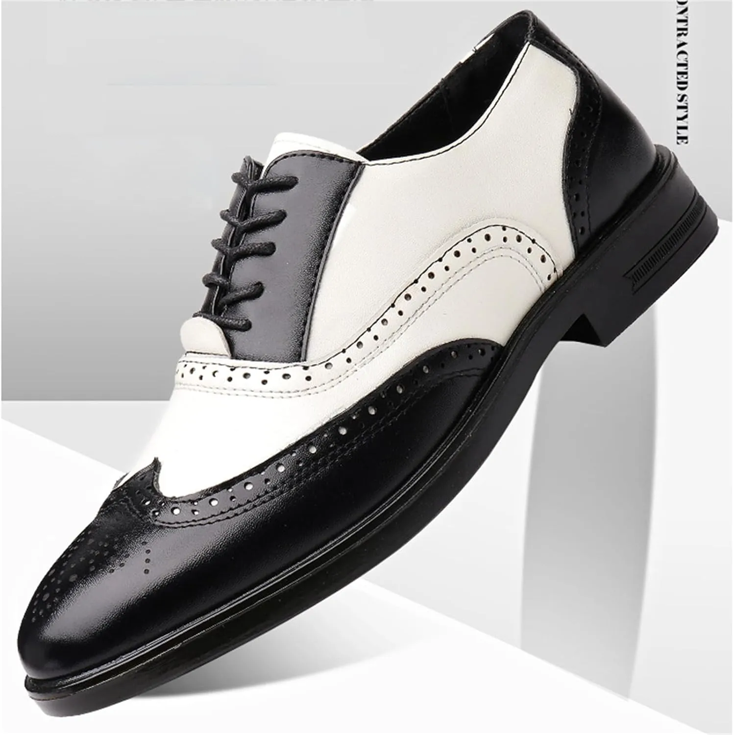 Mens Multicolor Leather Lace Up Brogues Dress Oxford Shoes Retro Two Tone Wingtip Carving Prom Derby Shoes Pointed Toe Business Formal Shoes