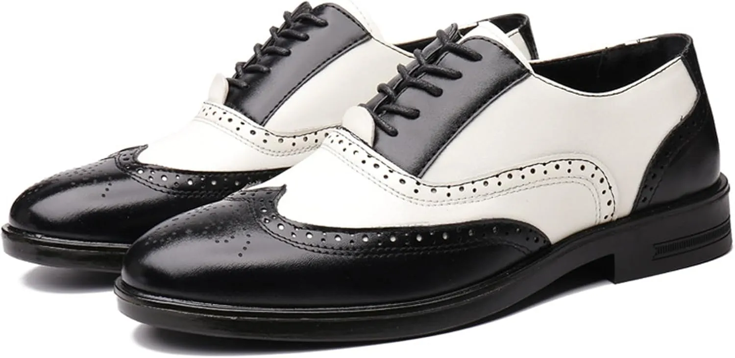 Mens Multicolor Leather Lace Up Brogues Dress Oxford Shoes Retro Two Tone Wingtip Carving Prom Derby Shoes Pointed Toe Business Formal Shoes
