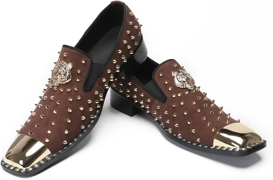 Men's Studded Loafers Penny Loafers Suede Slip-On Dress Shoes with Gold Metal Toe Tiger Emblem Wedding Disco Ballroom Mocasines
