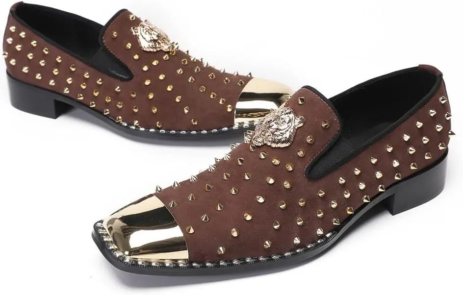 Men's Studded Loafers Penny Loafers Suede Slip-On Dress Shoes with Gold Metal Toe Tiger Emblem Wedding Disco Ballroom Mocasines