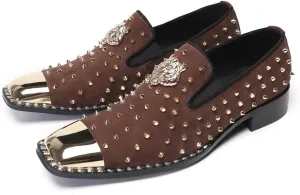 Men's Studded Loafers Penny Loafers Suede Slip-On Dress Shoes with Gold Metal Toe Tiger Emblem Wedding Disco Ballroom Mocasines