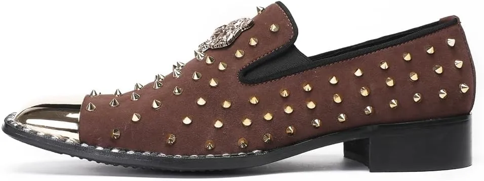Men's Studded Loafers Penny Loafers Suede Slip-On Dress Shoes with Gold Metal Toe Tiger Emblem Wedding Disco Ballroom Mocasines