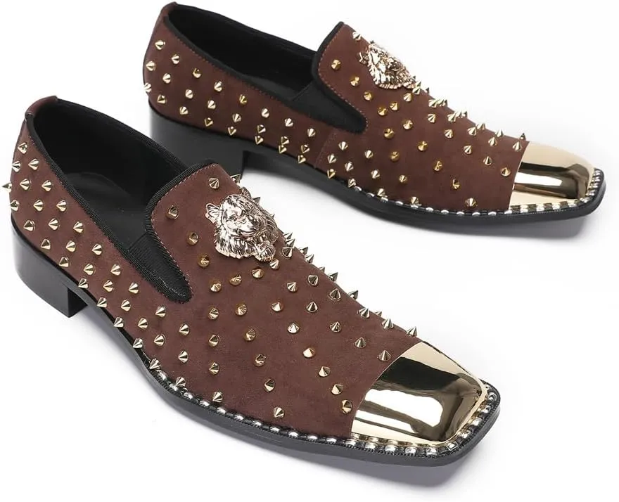 Men's Studded Loafers Penny Loafers Suede Slip-On Dress Shoes with Gold Metal Toe Tiger Emblem Wedding Disco Ballroom Mocasines